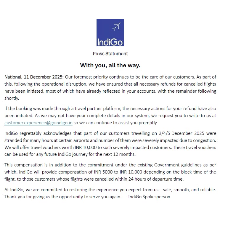 In response, the airline officially launched a special relief initiative called the Gesture of Care (GoC). At the heart of this initiative is the IndiGo compensation voucher, designed to assist passengers who were severely impacted during the disruption period.