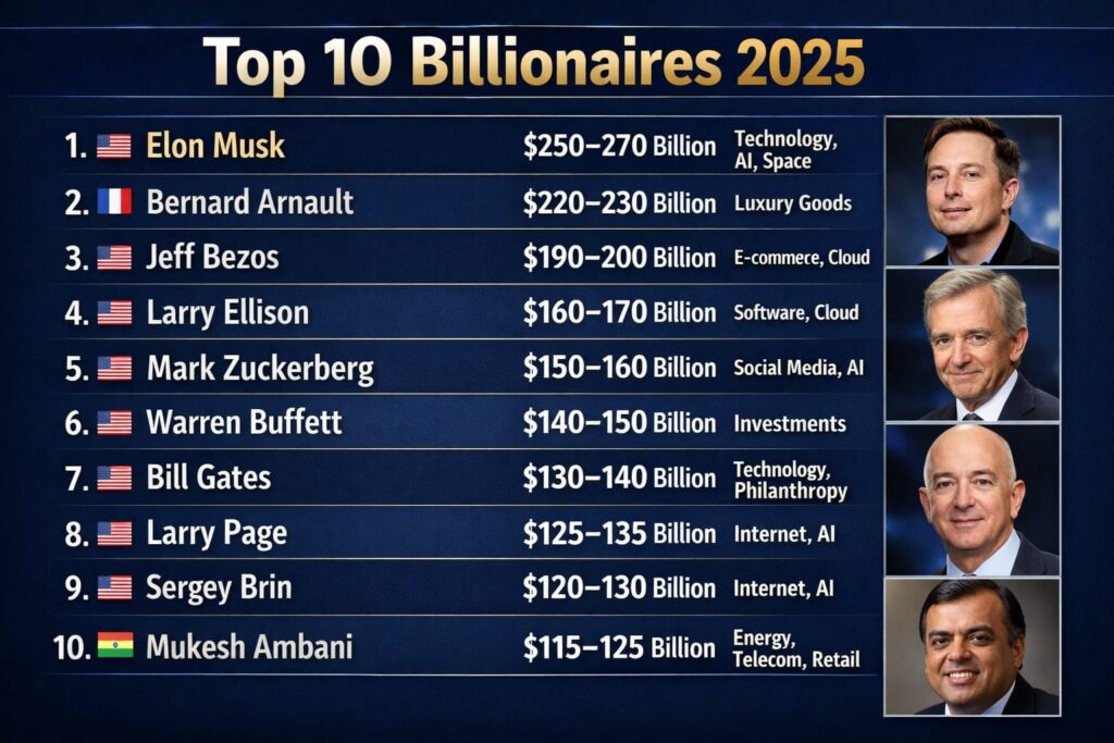 Top 10 Billionaires 2026: Titans of Wealth and Innovation
The top 10 billionaires 2026 are more than symbols of wealth—they reflect the industries shaping the future. From artificial intelligence and cloud computing to luxury brands and renewable energy, their fortunes highlight where the global economy is heading next.