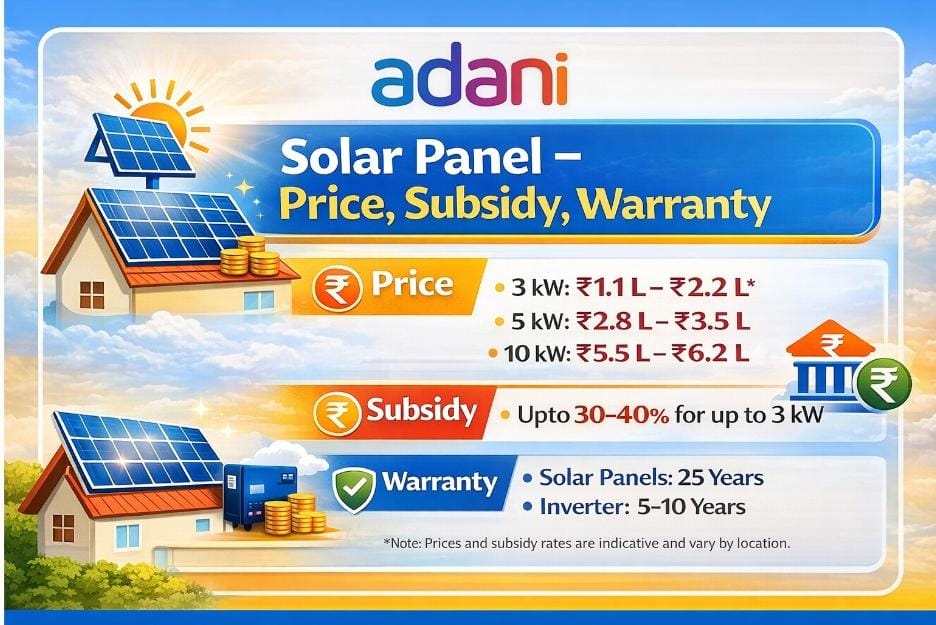 Adani Solar Panels 2026 | Price List, Subsidy, 25-Year Warranty & Savings Guide