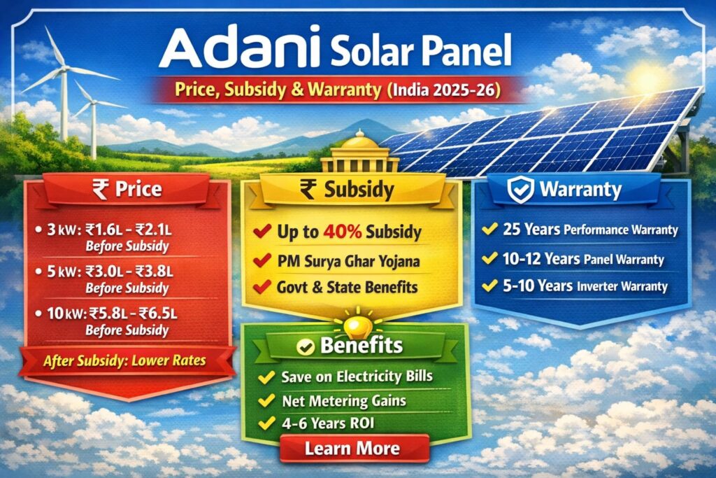 Adani Solar Panels 2026 | Price List, Subsidy, 25-Year Warranty & Savings Guide