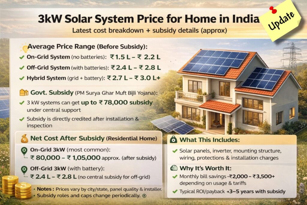 3kW Solar System Price for Home in India (2026) – Complete Cost Guide with Subsidy