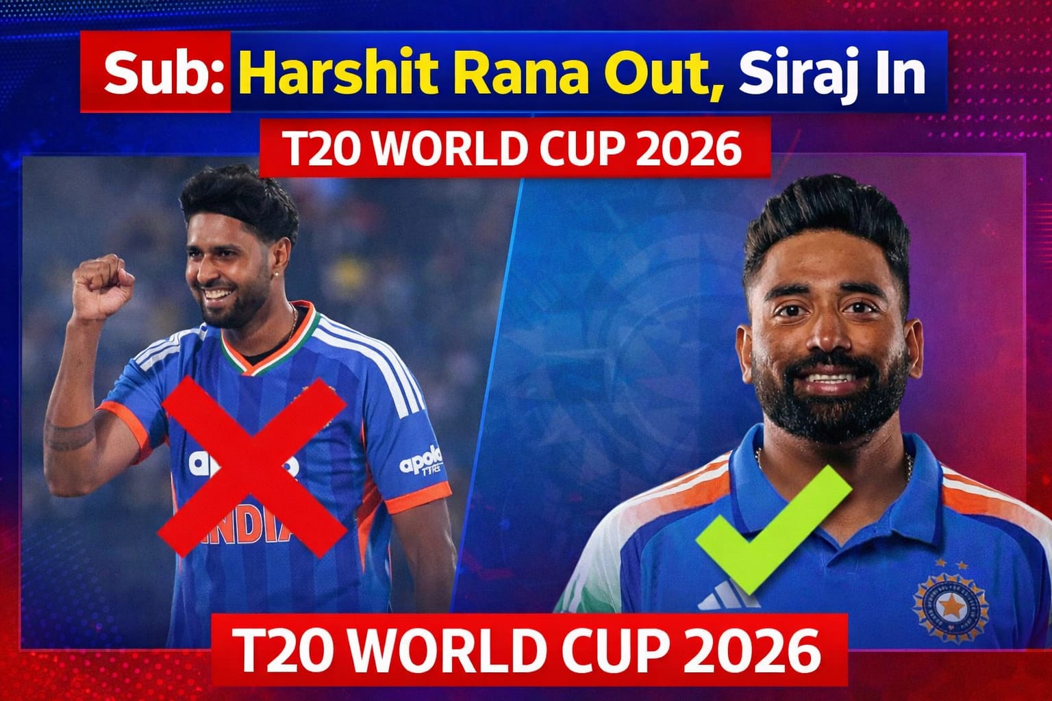 Harshit Rana Replacement Confirmed: Harshit Rana Out, Siraj In as New India Squad for T20 WC 2026 Announced